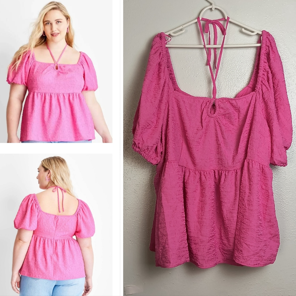 Square Neck Puffed Short Sleeve Blouse 4X Pink